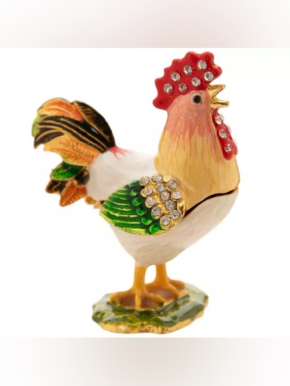 New Jeweled Rooster Trinket Box - Green, Red, Gold Accent
